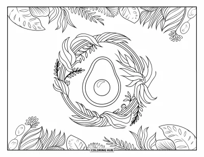 Coloriage d'avocat pour adultes : Un avocat au centre d'un cadre circulaire garni de plantes tropicales