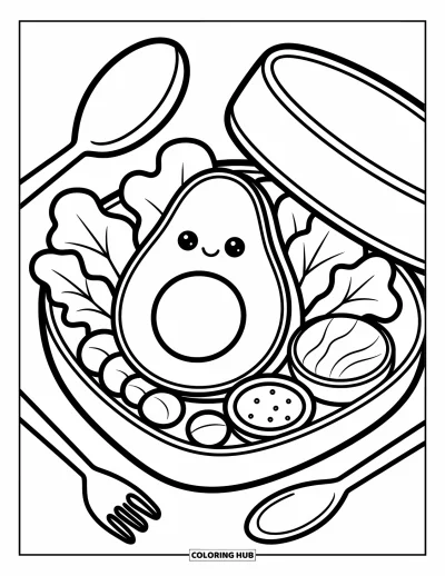 Coloriage d'avocat pour adultes : Un avocat installé dans un bento douillet entouré de salade et de petits accompagnements