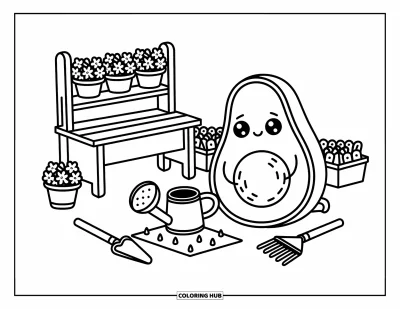Coloriage d'avocat pour adultes : Un avocat qui arrose des semis avec des outils de jardinage, des fleurs et un établi de jardin à proximité