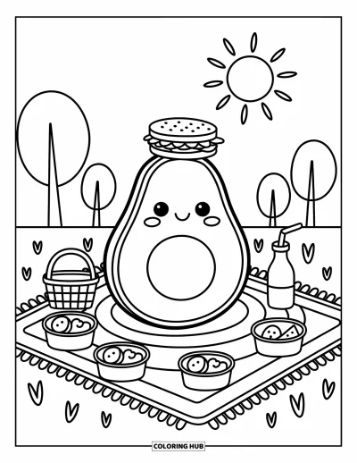 Coloriage d'avocat pour adultes : Un avocat avec un sandwich qui se repose sur une nappe de pique-nique entouré de snacks joyeux
