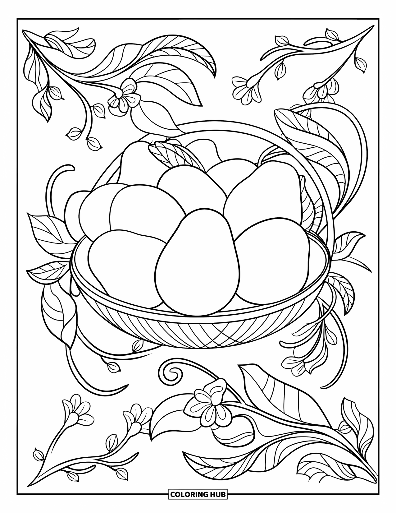 Avocado Coloring Page for Adults: Basket of avocados decorated with curling vines and bold floral lines