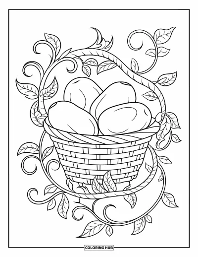 Coloriage d'avocat pour adultes : Un panier d'avocats entouré de vrilles florales et de feuilles entrelacées