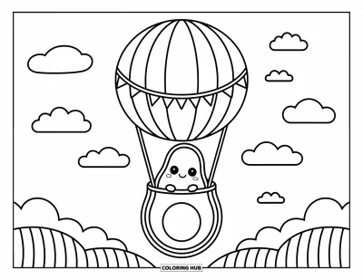 Coloriage d'avocat pour adultes : Un avocat joyeux qui s'élève dans une montgolfière rayée avec des cœurs, des nuages et des collines verdoyantes