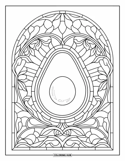 Coloriage d'avocat pour adultes : Une moitié d'avocat au centre d'un vitrail aux motifs ornés