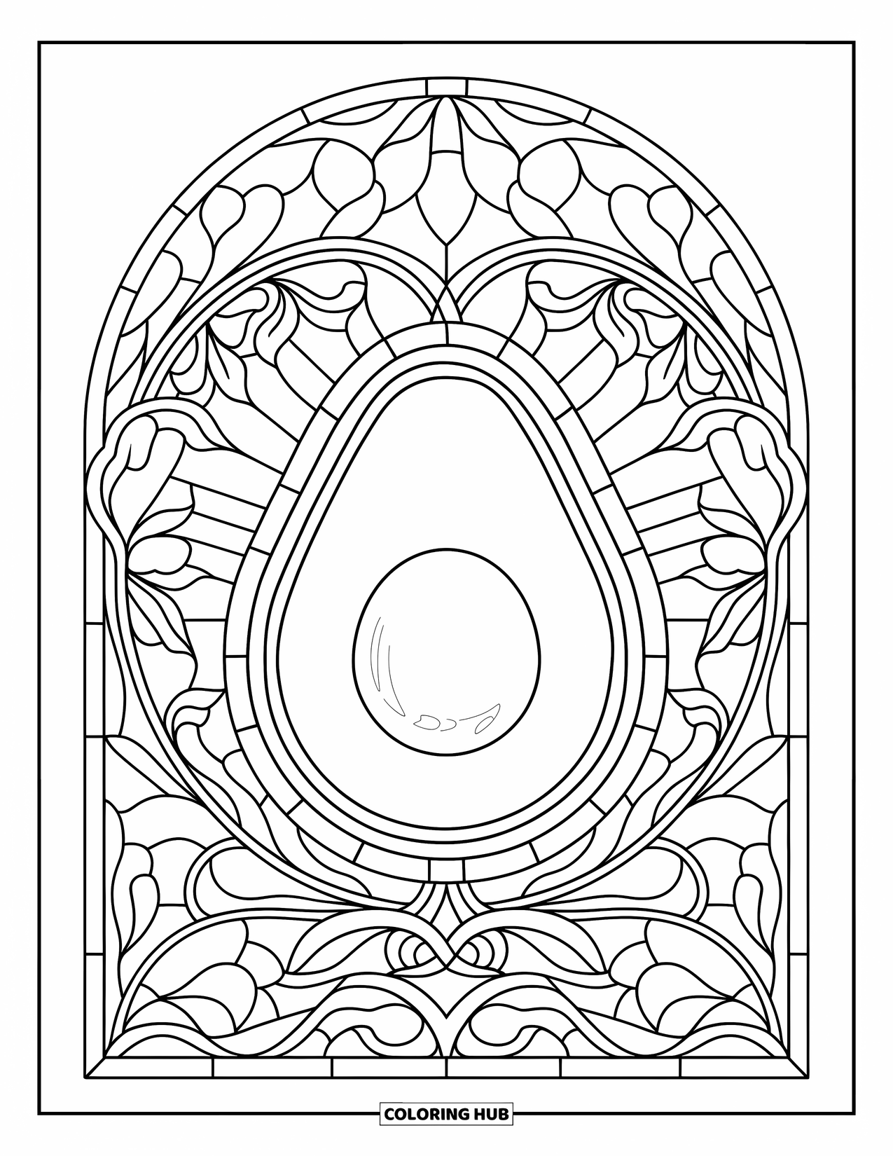 Avocado Coloring Page for Adults: Cut avocado centered in an ornate stained-glass window design