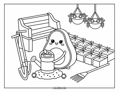 Coloriage d'avocat pour adultes : Un adorable avocat qui s'occupe d'un jardin avec des outils, des semis et des plantes en fleurs