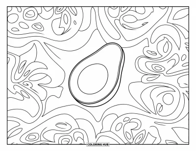 Coloriage d'avocat pour adultes : Un avocat flottant encadré de motifs ornementaux détaillés dans toutes les directions