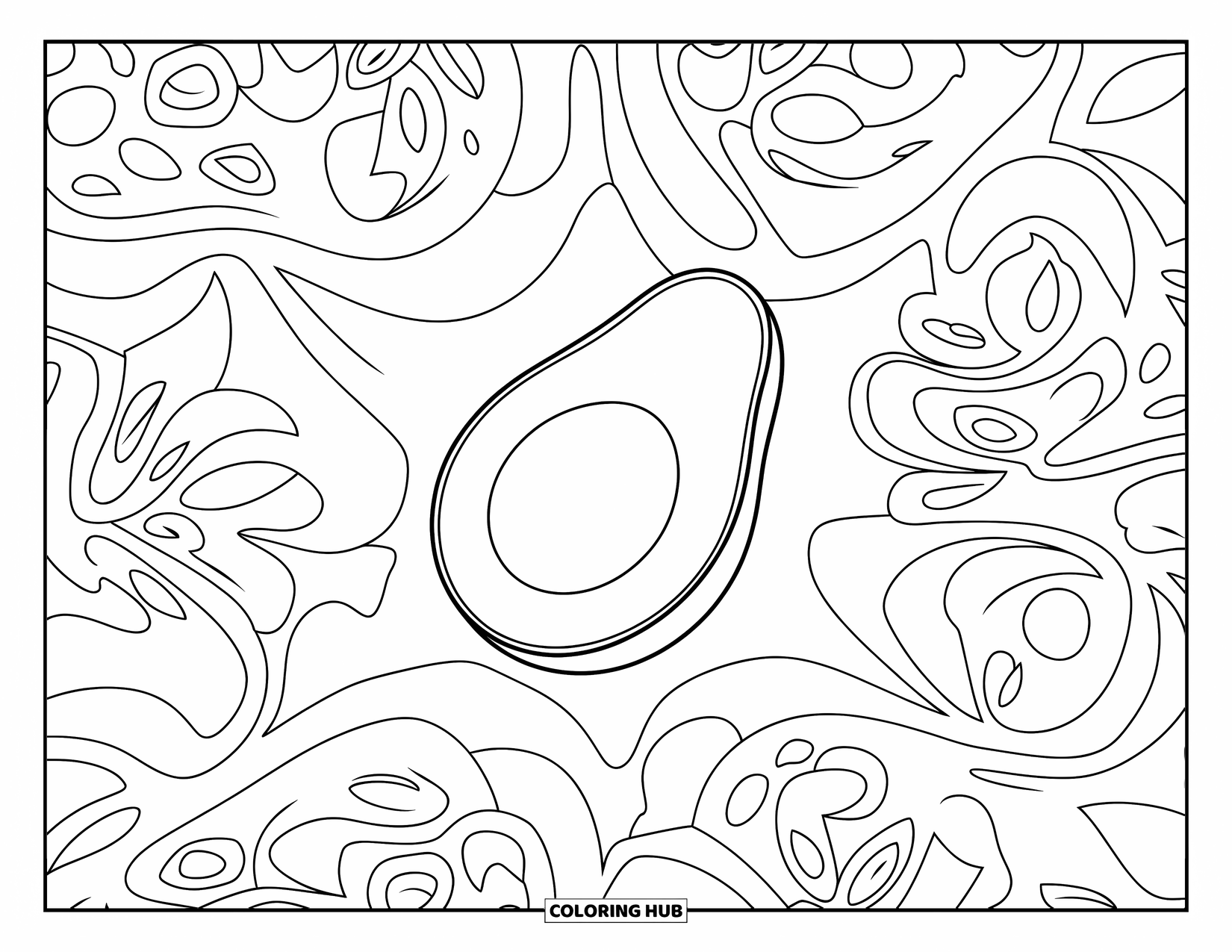 Avocado Coloring Page for Adults: Floating avocado framed by detailed ornamental patterns in every direction