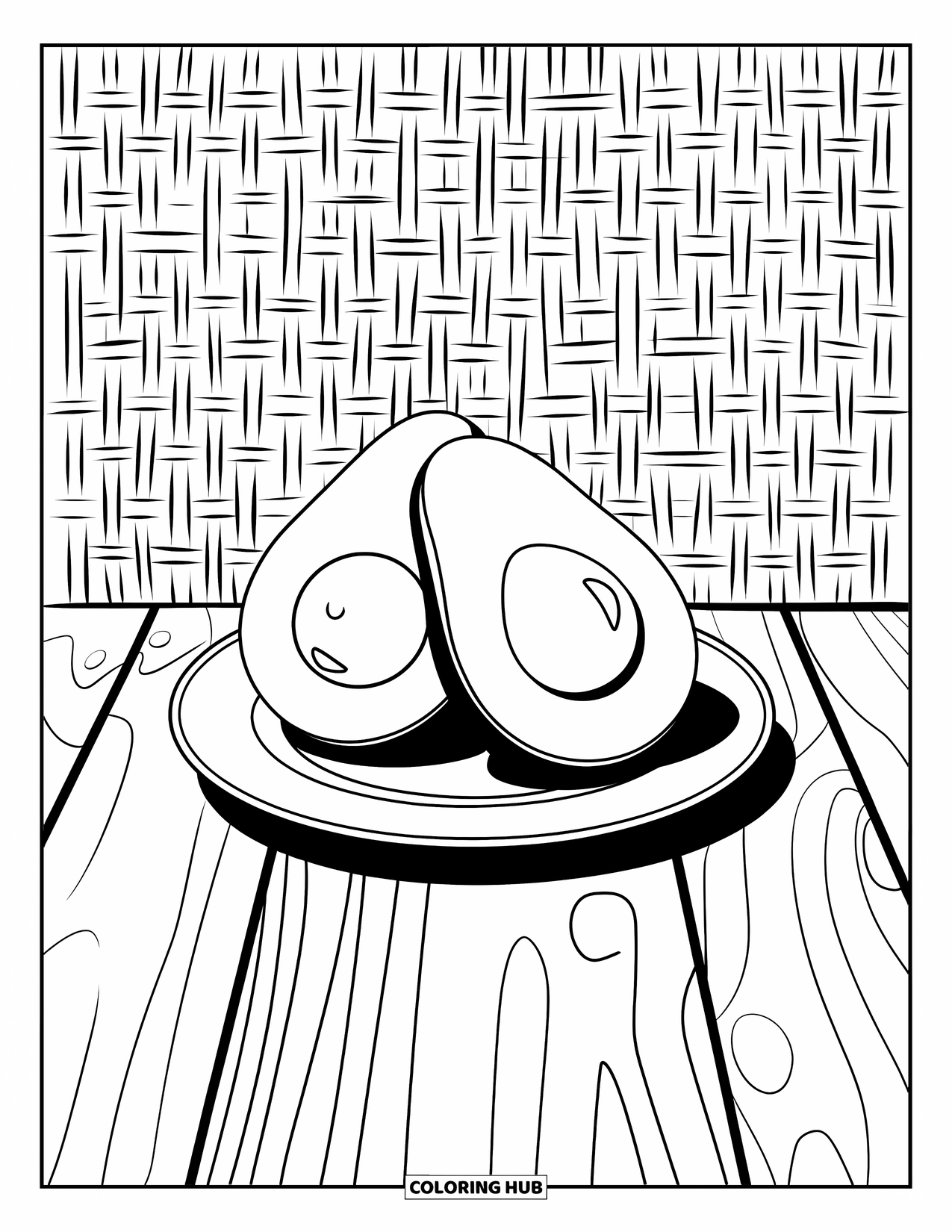Avocado Coloring Page for Adults: Half avocado resting on a plate over a woven pattern surface