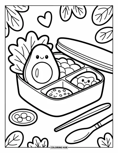 Coloriage d'avocat pour adultes : Un avocat souriant niché dans un bento avec des gourmandises, un couvercle et des couverts à côté