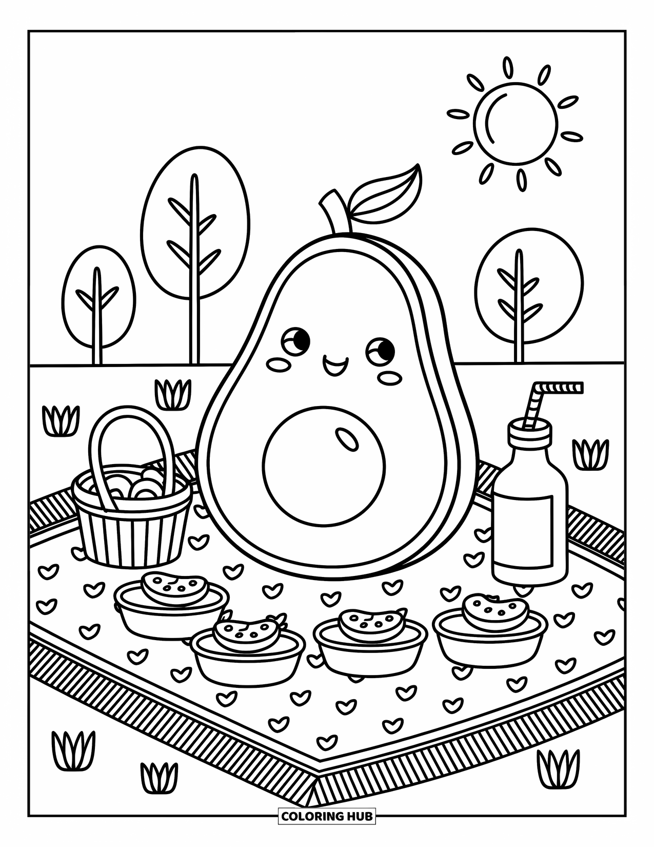 Avocado Coloring Page for Adults: Happy avocado picnics on a mat with fruit, a basket, and a sunny sky