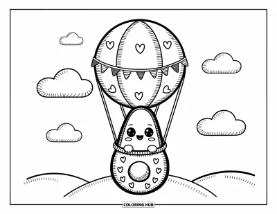 Coloriage d'avocat pour adultes : Un avocat heureux qui vogue dans une nacelle de montgolfière en forme de moitié d'avocat à travers le ciel