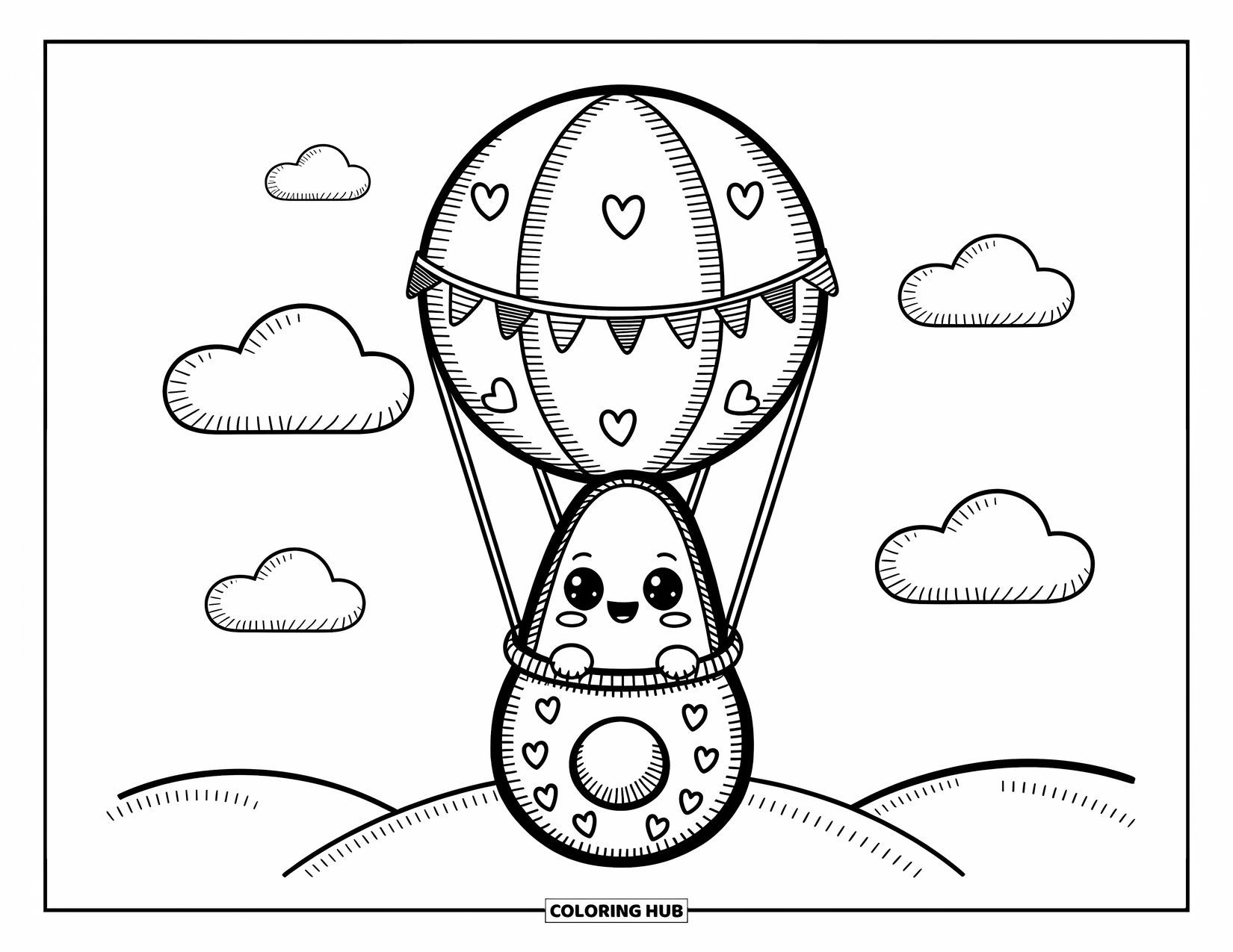 Avocado Coloring Page for Adults: Happy avocado rides a balloon basket shaped like an avocado half through the sky