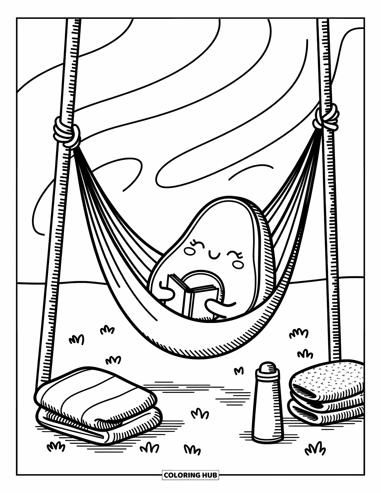 Avocado Coloring Page for Adults: Peaceful avocado relaxes in a hammock with a book and cozy picnic gear