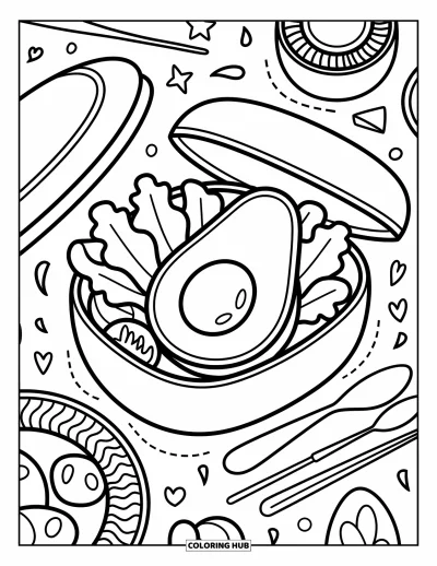 Coloriage d'avocat pour adultes : Un avocat espiègle installé dans un bento avec des mets, entouré de détails charmants