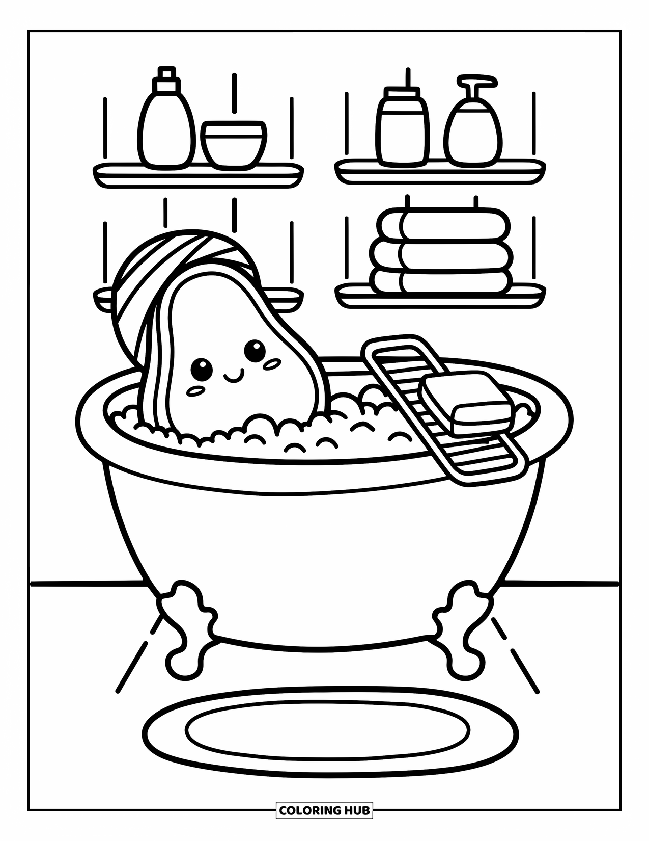 Avocado Coloring Page for Adults: Relaxed avocado soaks in a bubbly bath with a towel and bath tray nearby