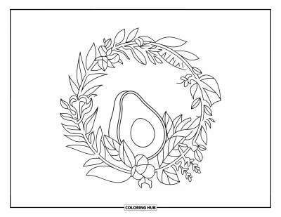 Coloriage d'avocat pour adultes : Un avocat solitaire niché dans un cadre de feuilles tropicales et de lianes ondulantes
