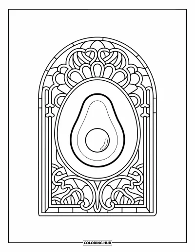 Coloriage d'avocat pour adultes : Un avocat solitaire entouré de feuilles et de lianes façon vitrail