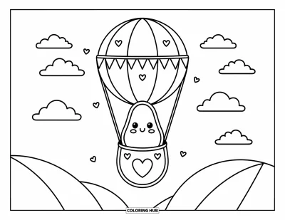 Coloriage d'avocat pour adultes : Un avocat souriant qui flotte dans un ballon en forme d'avocat avec des fanions et des nuages moelleux