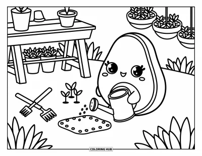 Coloriage d'avocat pour adultes : Un avocat souriant agenouillé pour arroser des plantes avec des fleurs et un petit banc derrière