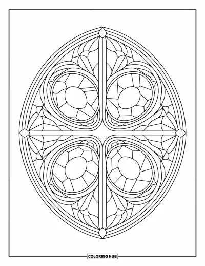 Coloriage d'avocat pour adultes : Un motif de vitrail avec quatre moitiés d'avocat disposées en symétrie
