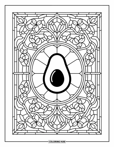 Coloriage d'avocat pour adultes : Un avocat style vitrail encadré de motifs feuillus et floraux