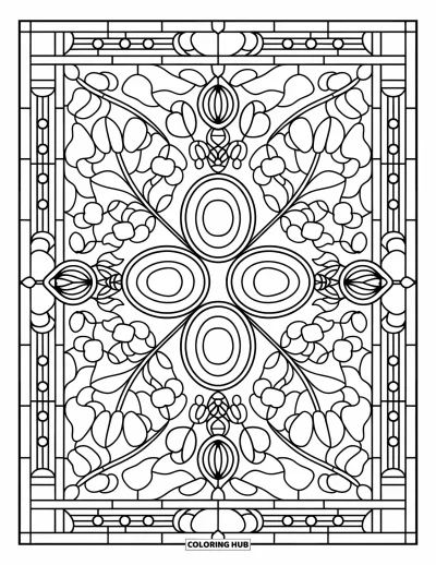 Coloriage d'avocat pour adultes : Un motif de vitrail symétrique avec des avocats, des feuilles et de délicates bordures