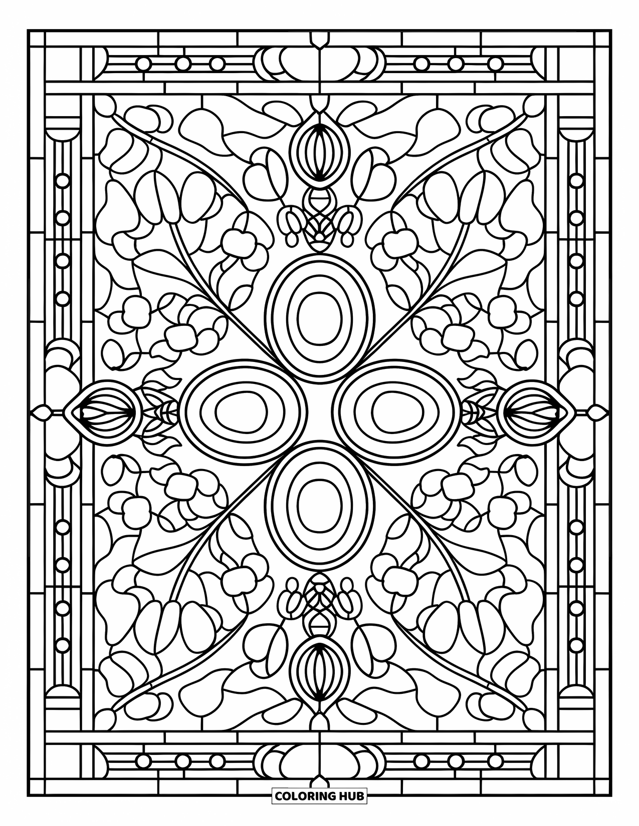 Avocado Coloring Page for Adults: Symmetrical stained-glass design featuring avocados, leaves, and delicate borders