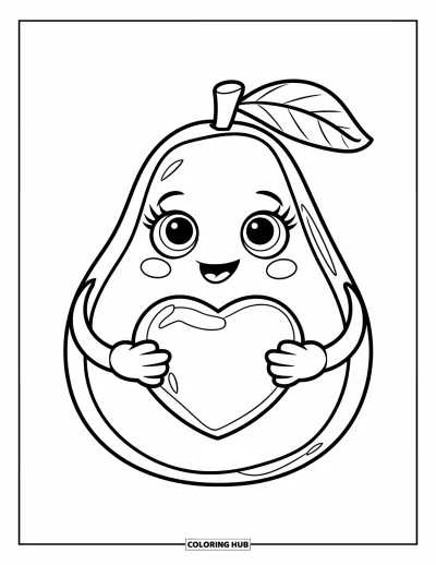 Coloriage d'avocat pour enfants : Un adorable avocat tenant un noyau en forme de cœur avec un doux sourire