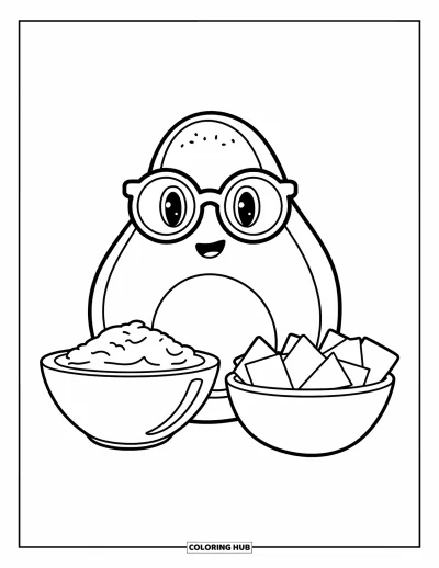 Coloriage d'avocat pour enfants : Un avocat cuisinier qui se détend avec un bol de guacamole et des chips croustillantes