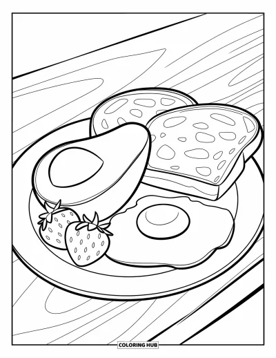 Coloriage d'avocat pour enfants : Avocat, œuf, toast et fraises disposés sur une assiette de petit-déjeuner douillette
