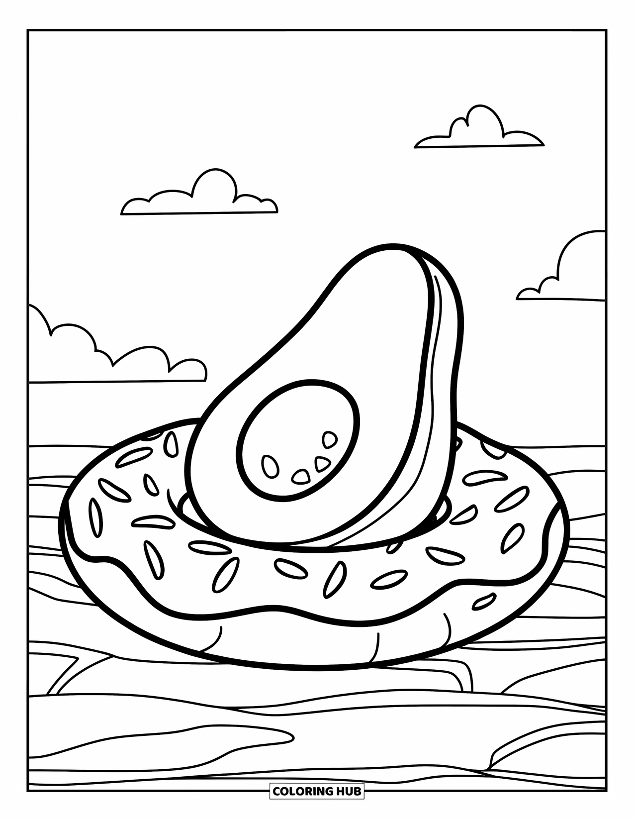 Avocado Coloring Page for Kids: Avocado floating on a donut-shaped pool float under a sunny sky