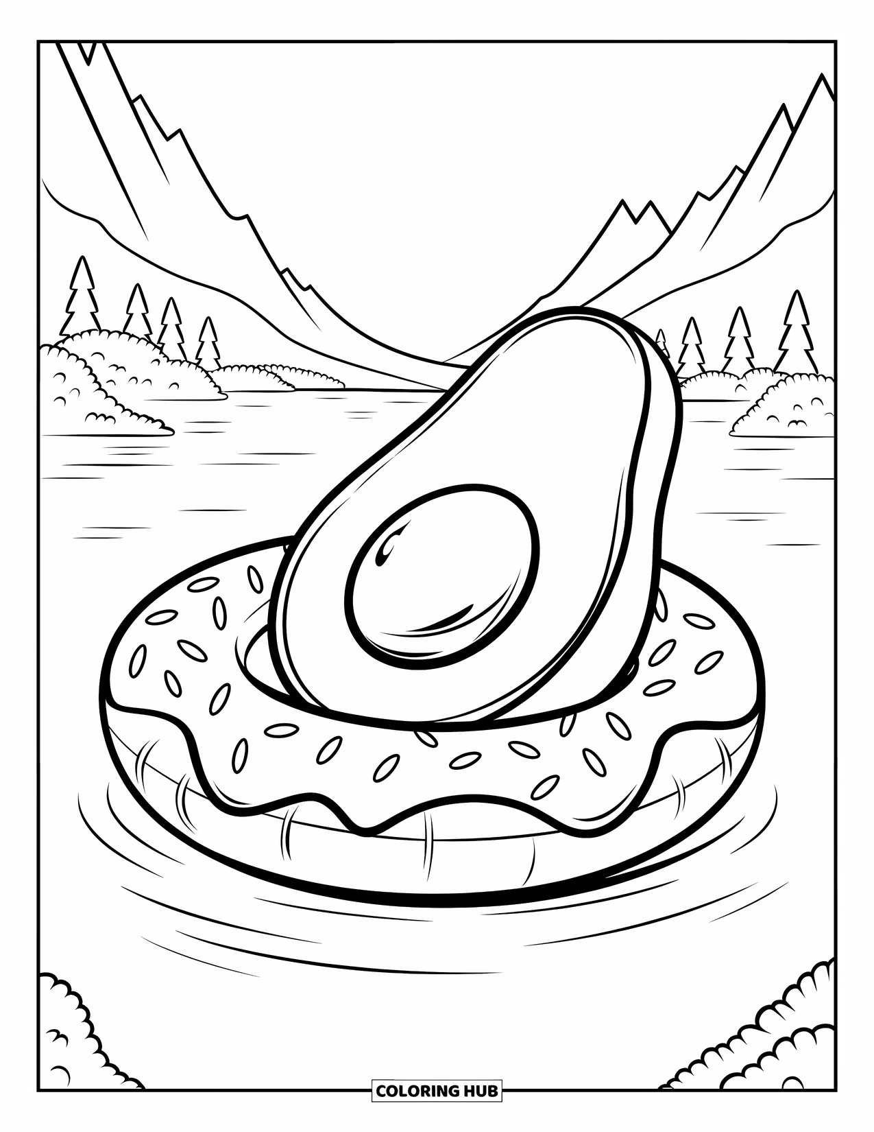 Avocado Coloring Page for Kids: Avocado half floating on a sprinkle donut float in a calm lake