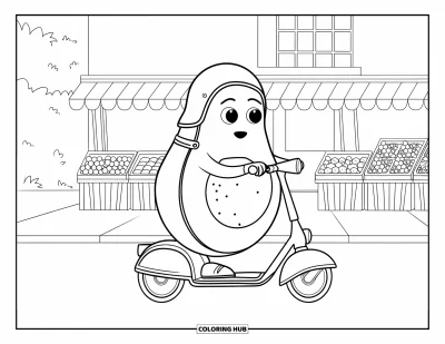 Coloriage d'avocat pour enfants : Un avocat sur un scooter qui passe devant un marché aux étals remplis de fruits