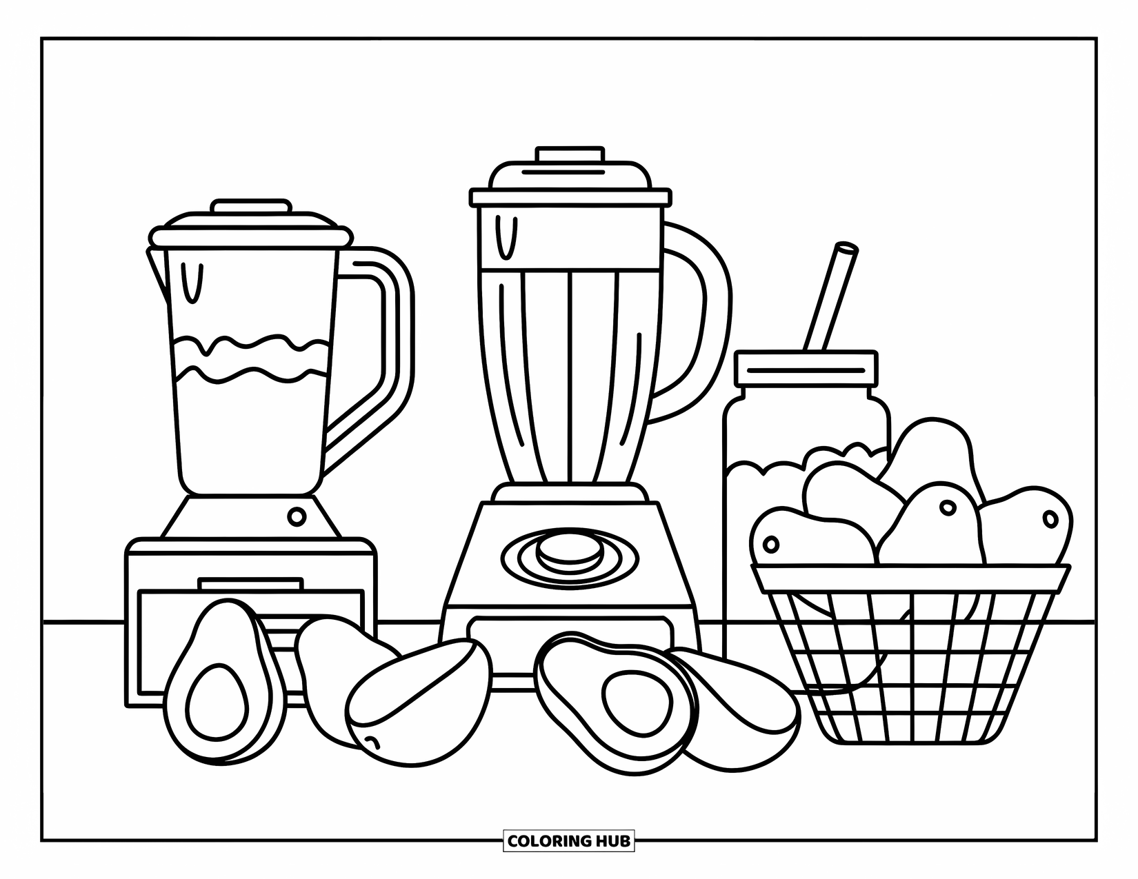 Avocado Coloring Page for Kids: Avocado smoothie station with blenders, jars, and baskets on display