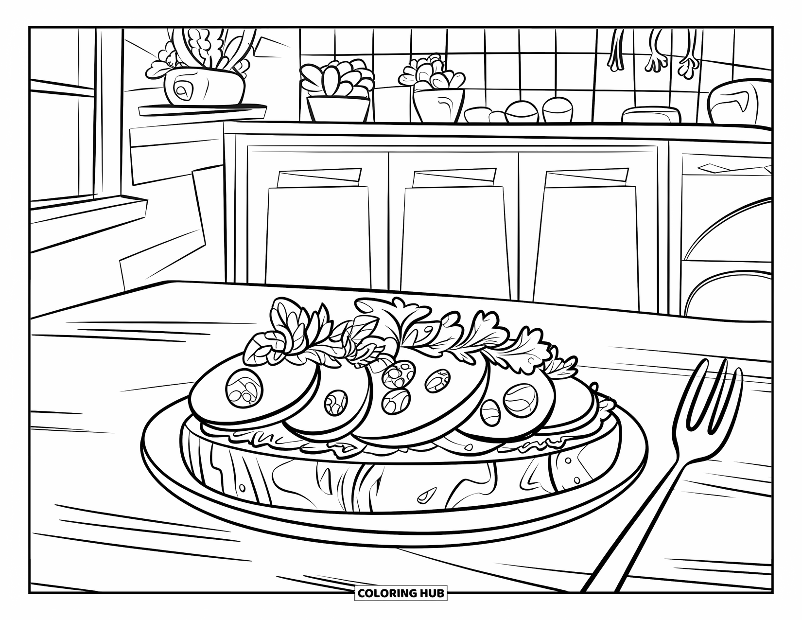Avocado Coloring Page for Kids: Avocado toast with sliced eggs on a plate beside a cozy kitchen window