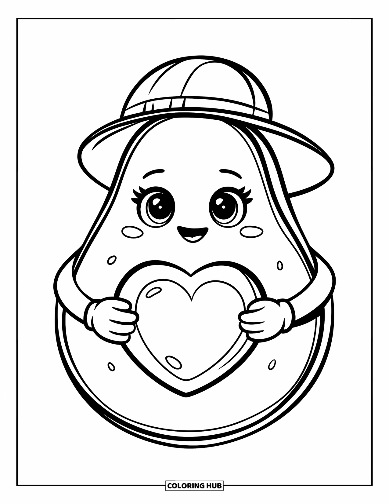 Avocado Coloring Page for Kids: Avocado with a hat holding a heart pit and smiling wide