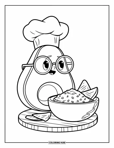 Coloriage d'avocat pour enfants : Un avocat avec de grandes lunettes et un chapeau de cuisinier assis à côté du guacamole