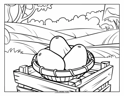 Coloriage d'avocat pour enfants : Des avocats dans un panier posé sur une caisse dans un paysage paisible