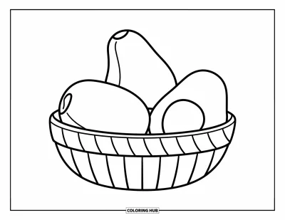 Coloriage d'avocat pour enfants : Un panier de trois avocats aux traits épais et à l'air joyeux