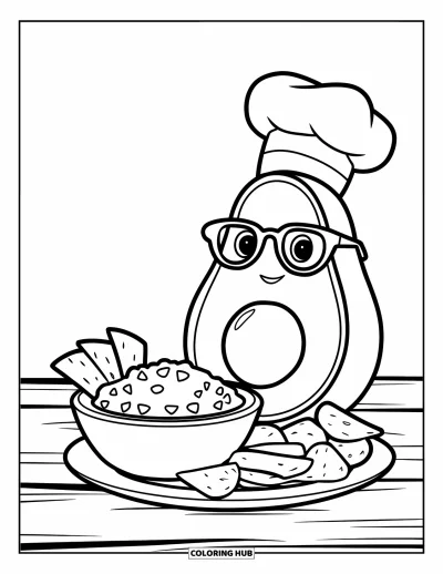 Coloriage d'avocat pour enfants : Un avocat cuisinier avec des lunettes à côté du guacamole et d'une assiette de chips