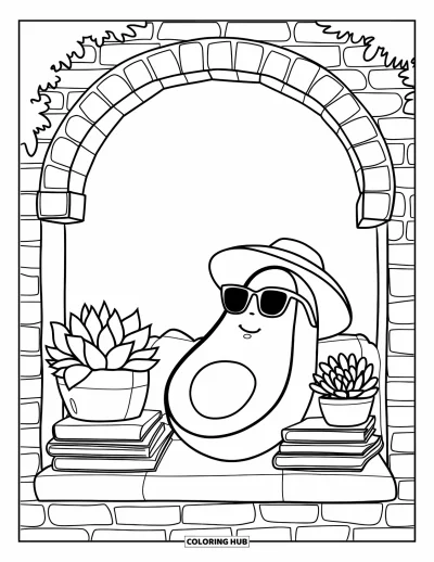Coloriage d'avocat pour enfants : Un avocat décontracté avec des livres, des plantes et des lunettes de soleil dans un coin de jardin