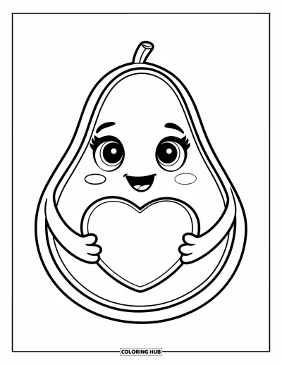 Coloriage d'avocat pour enfants : Un adorable avocat qui serre un noyau en forme de cœur avec un grand sourire