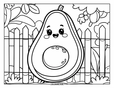 Coloriage d'avocat pour enfants : Un adorable avocat qui pointe la tête derrière une clôture entourée de fleurs et de feuilles