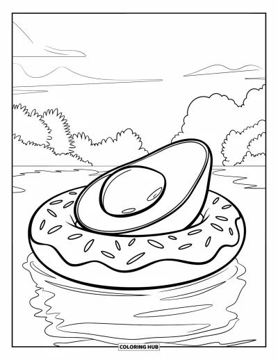 Coloriage d'avocat pour enfants : Une bouée beignet transportant un avocat tranché à travers une scène de piscine apaisante