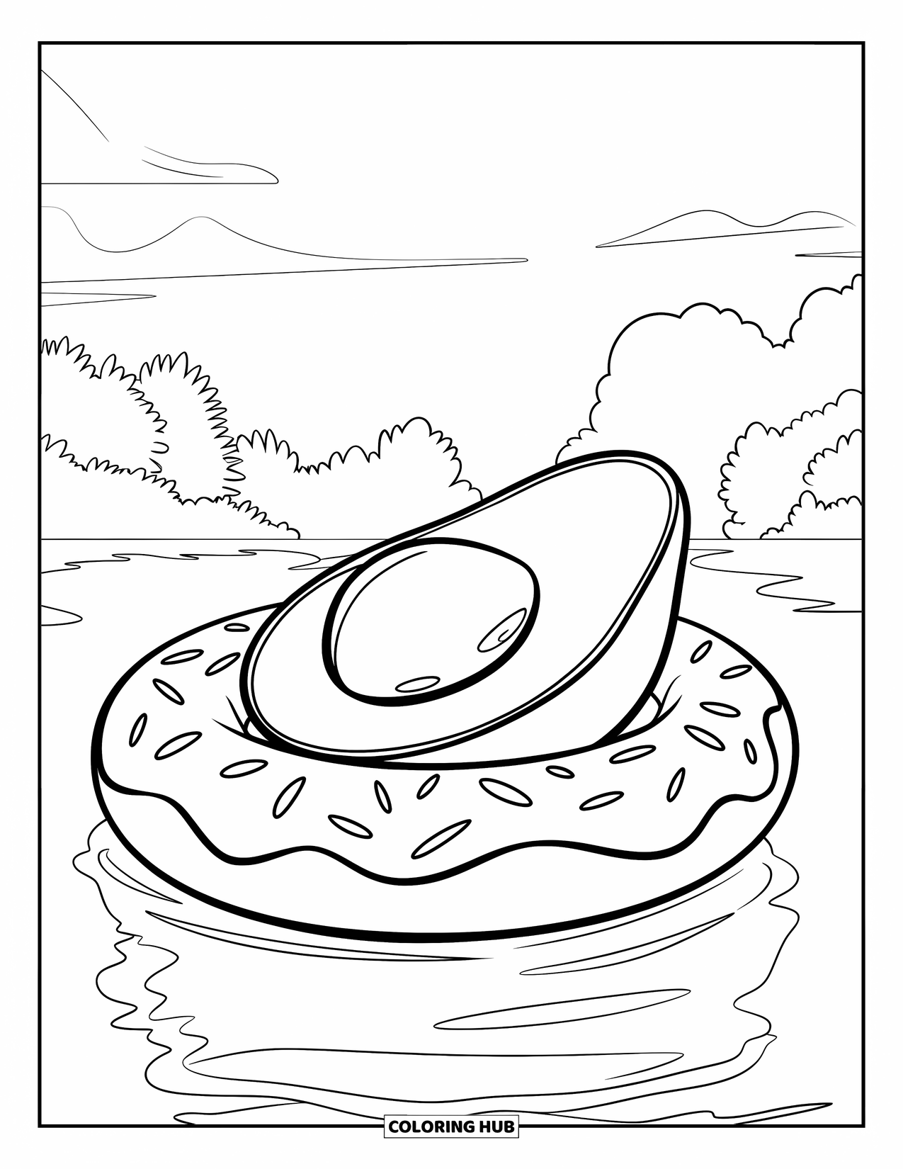 Avocado Coloring Page for Kids: Donut float carrying a sliced avocado across a peaceful pool scene