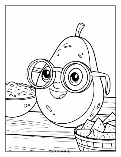Coloriage d'avocat pour enfants : Un avocat avec des lunettes à côté du guacamole et d'un panier de chips