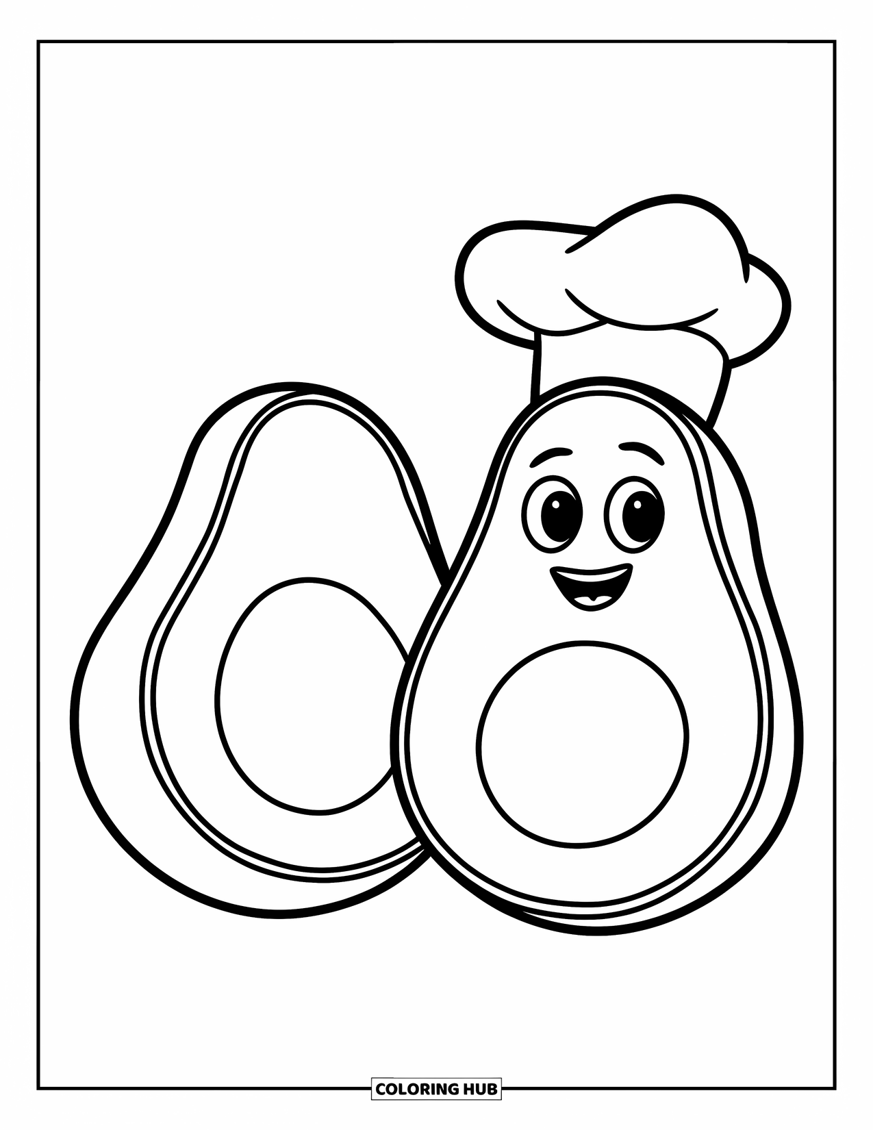 Avocado Coloring Page for Kids: Happy avocado pair with big eyes, one wearing a chef hat