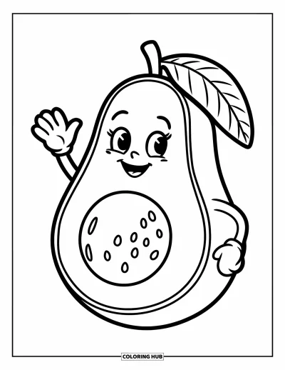 Coloriage d'avocat pour enfants : Un avocat heureux avec un noyau et un chapeau de feuilles, prêt à colorier
