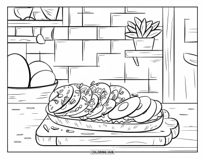 Coloriage d'avocat pour enfants : Un toast à l'avocat aux herbes sur une planche avec des œufs et une atmosphère de cuisine chaleureuse